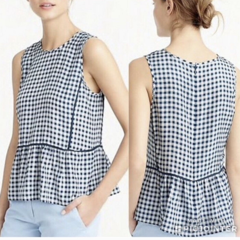 J. Crew Silk Blue Gingham Peplum Sleeveless Top Size 12